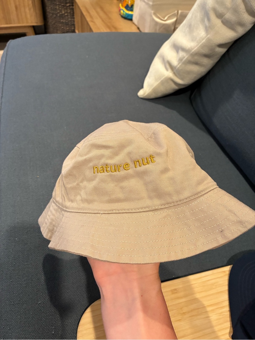 Nature Nut Embroidered Bucket Hat - Beige with Gold Stitching